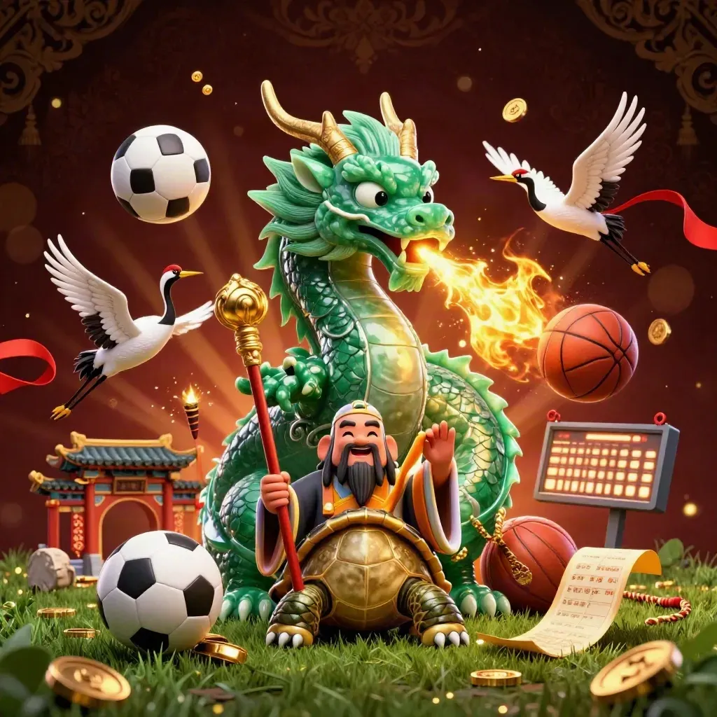 Ground-level fantasy casino sports tile with dragon, turtle sage, cranes, balls and gold fire.