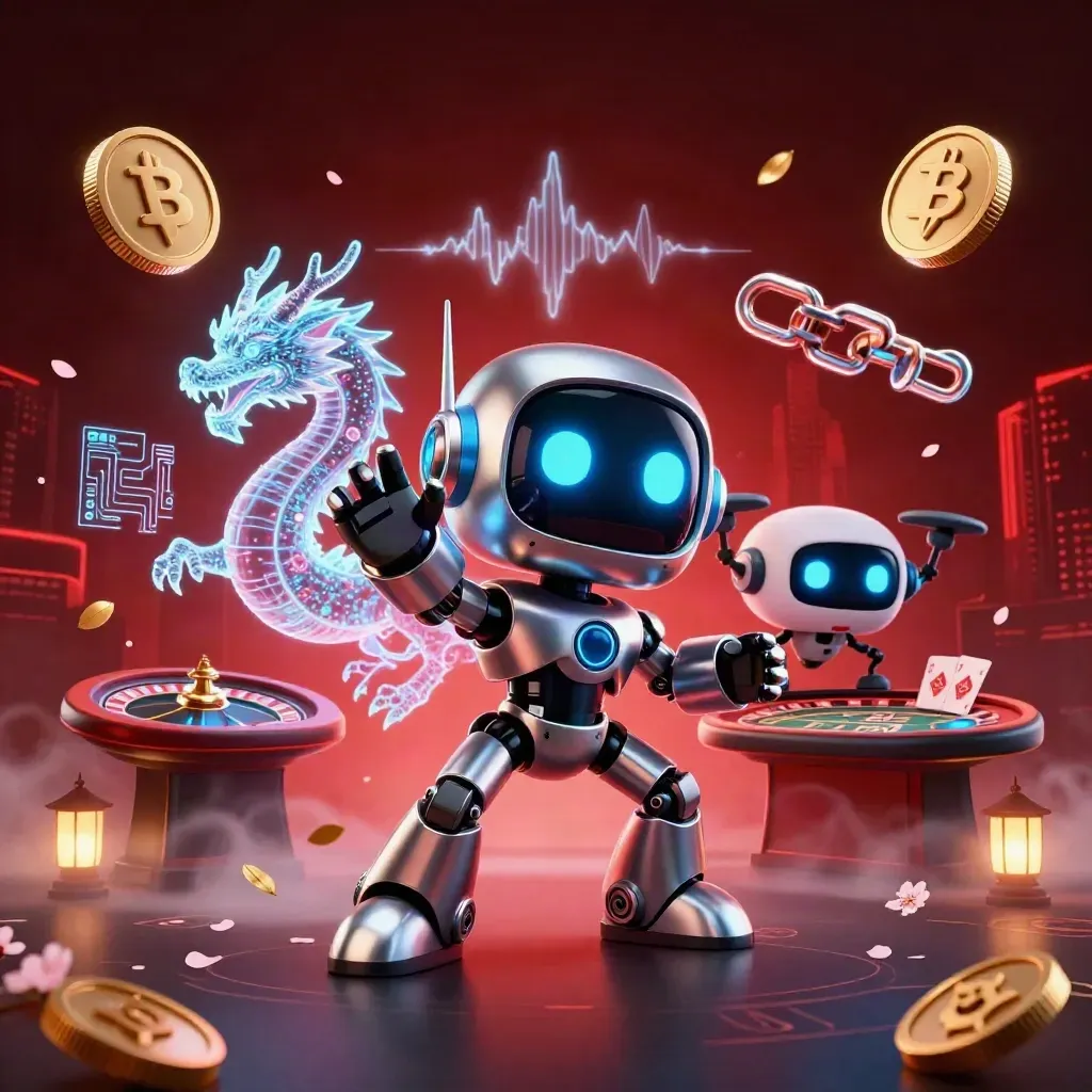 Cyberpunk robot, holographic dragon, and coin drone amid casino tech, neon lightning, and dark crimson smoke.