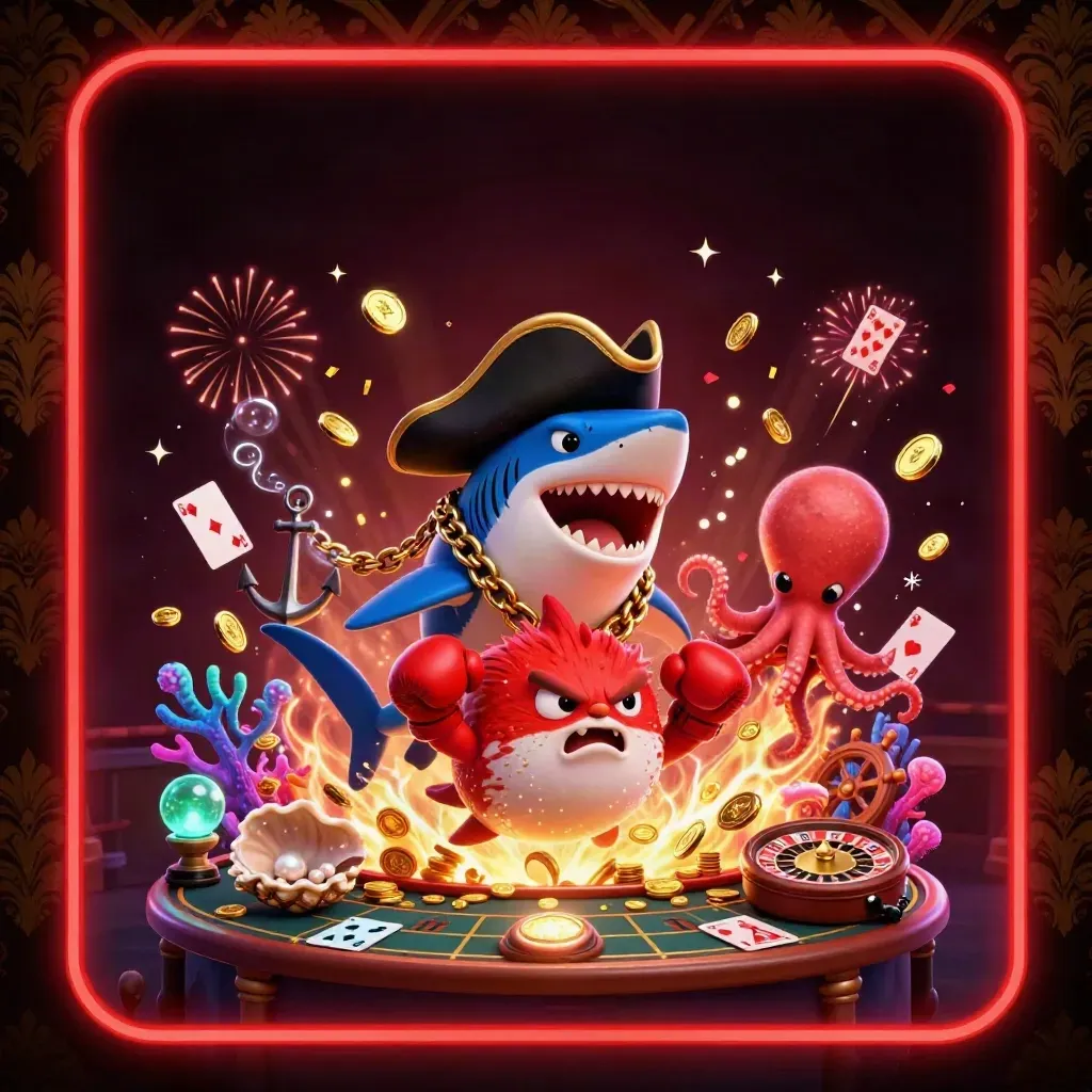 Pirate shark, boxing pufferfish, and coin-juggling octopus in a treasure cove