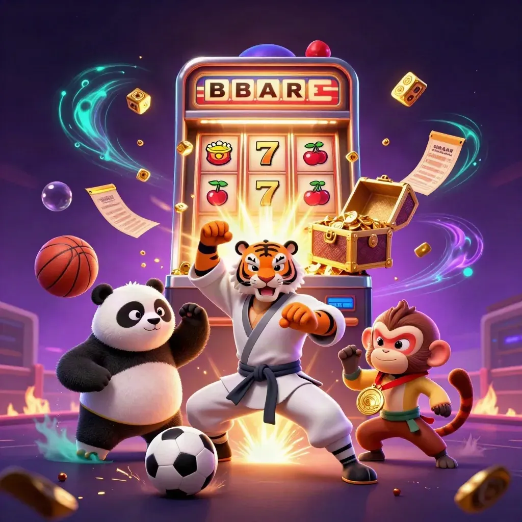 Tiger, panda, and monkey amid casino bursts, flying balls, gold, and neon sports energy.
