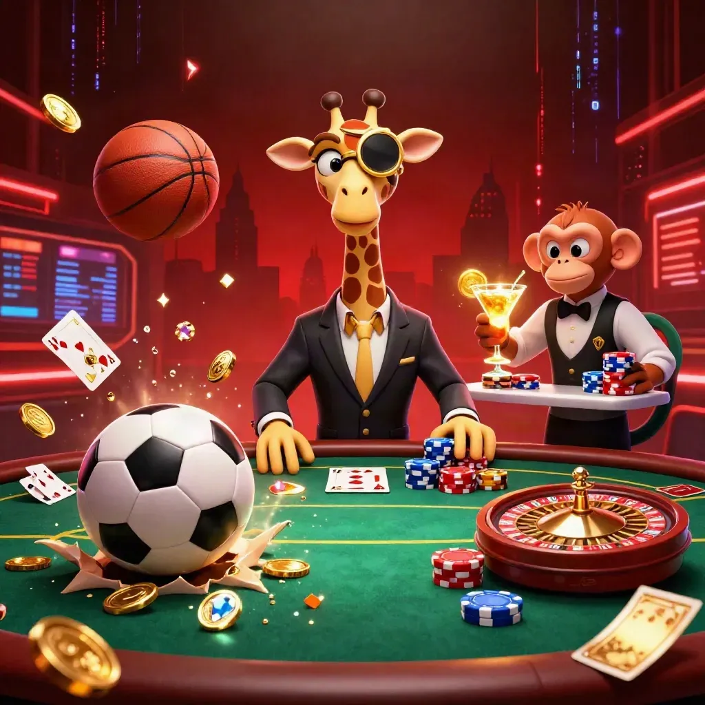 Cartoon giraffe, monkey, and chameleon amid casino chips, roulette, soccer ball, and basketball.