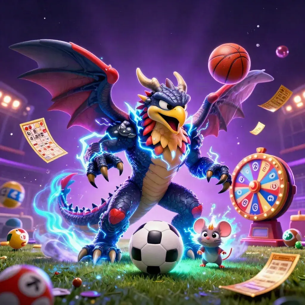 Thunder dragon, hawk and mouse burst around a soccer ball, prize wheel and gold tickets in neon light