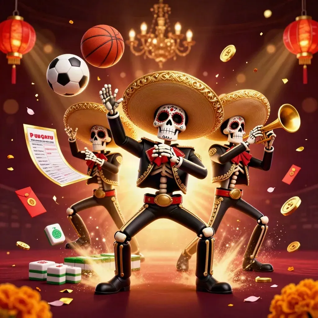Skeleton mariachi trio amid flying sports gear, petals, lanterns, and casino glow.