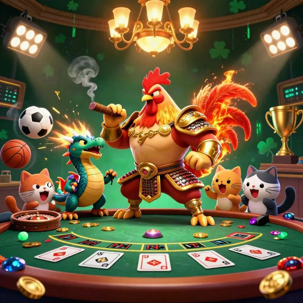 Rooster warrior, dragon hatchling, and fortune-cat amid casino lights, coins, wheel, and sparks.