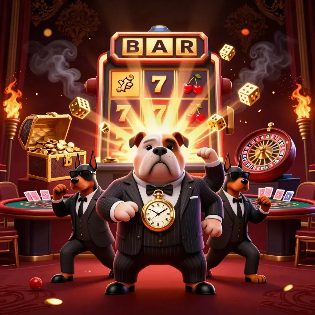 Bulldog boss and Doberman bodyguards in a luxe casino blast of gold, dice, slots, and roulette