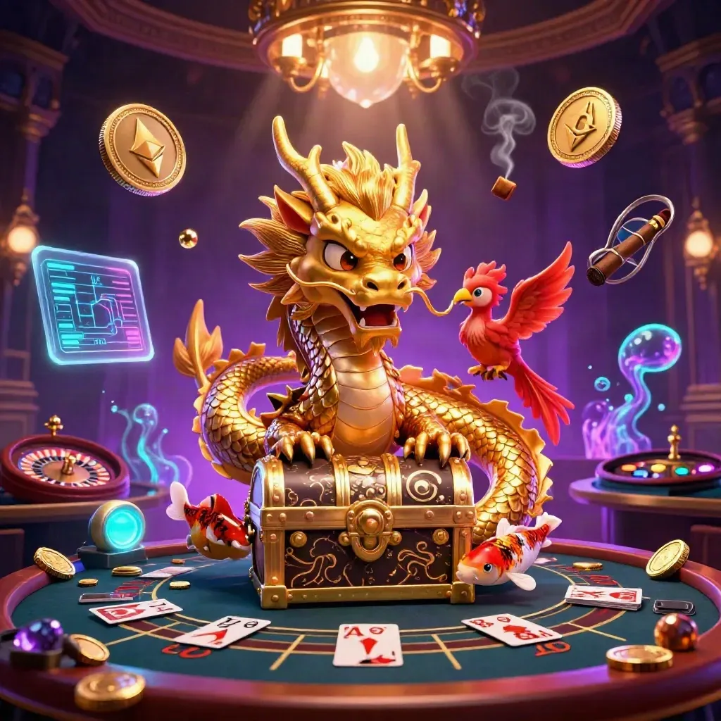 Golden dragon, phoenix, and koi in a luxe casino with neon coins, roulette wheel, and magical glow.