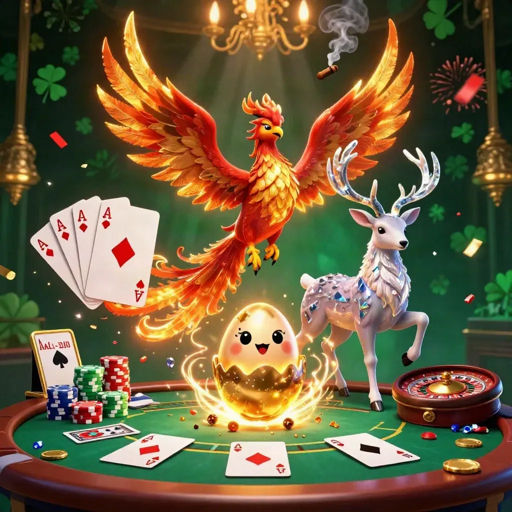 Phoenix, stag, and hatching baby phoenix amid casino cards, chips, roulette, and emerald inferno glow.