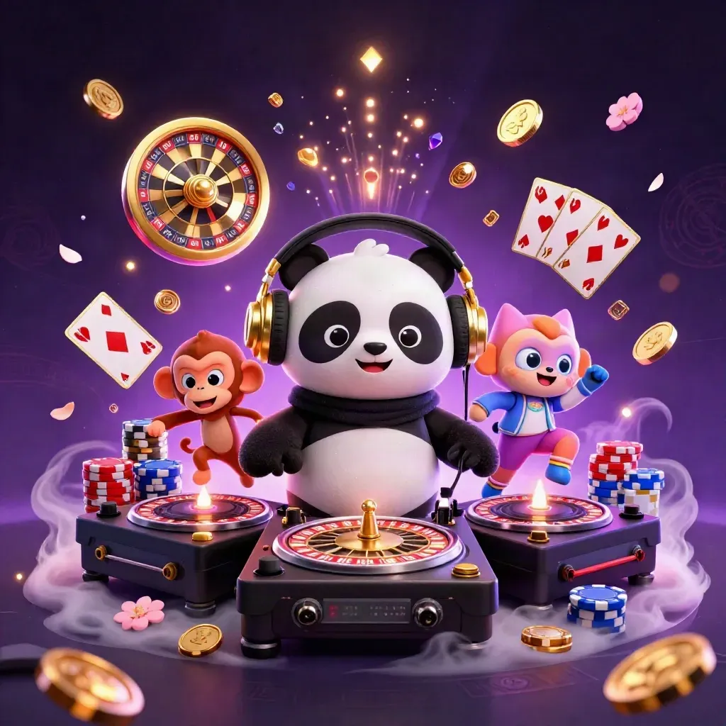 DJ panda, monkey, and glow-stick kitten amid casino treasure bursts on a dark neon stage.