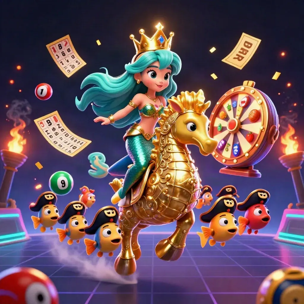 Mermaid princess rides armored seahorse while casino gems, wheel, and cards explode in neon glow.
