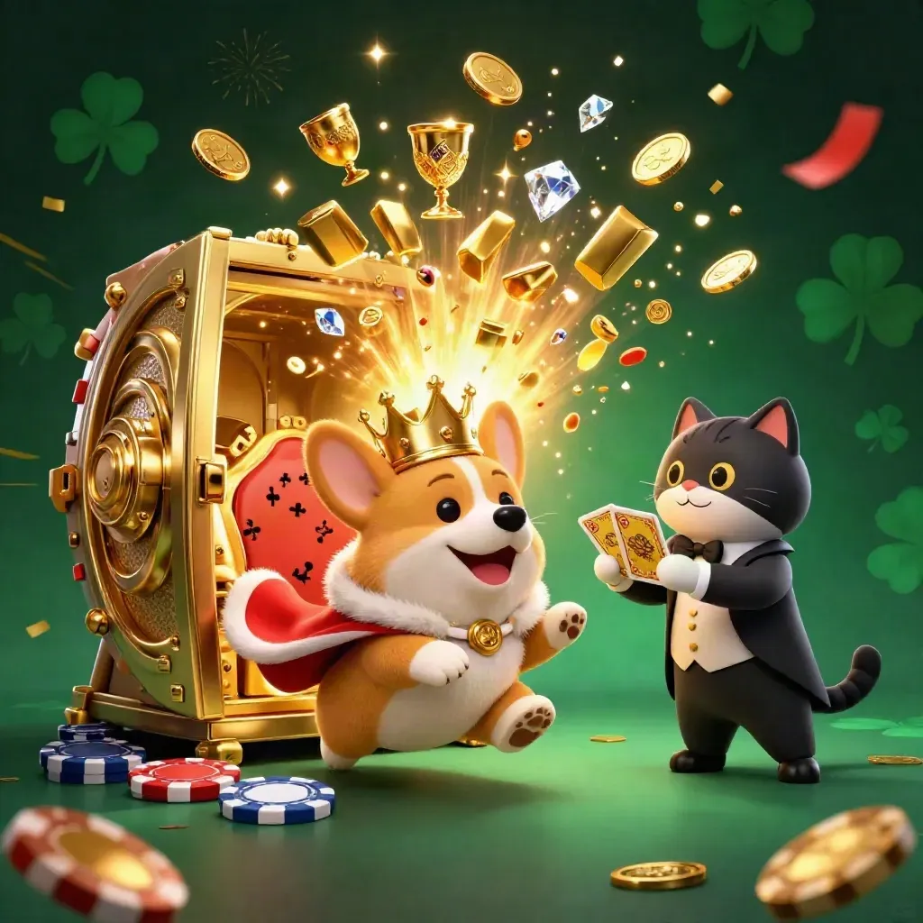 Royal corgi and cat butler amid exploding gold vault, gems, and confetti on dark emerald backdrop.
