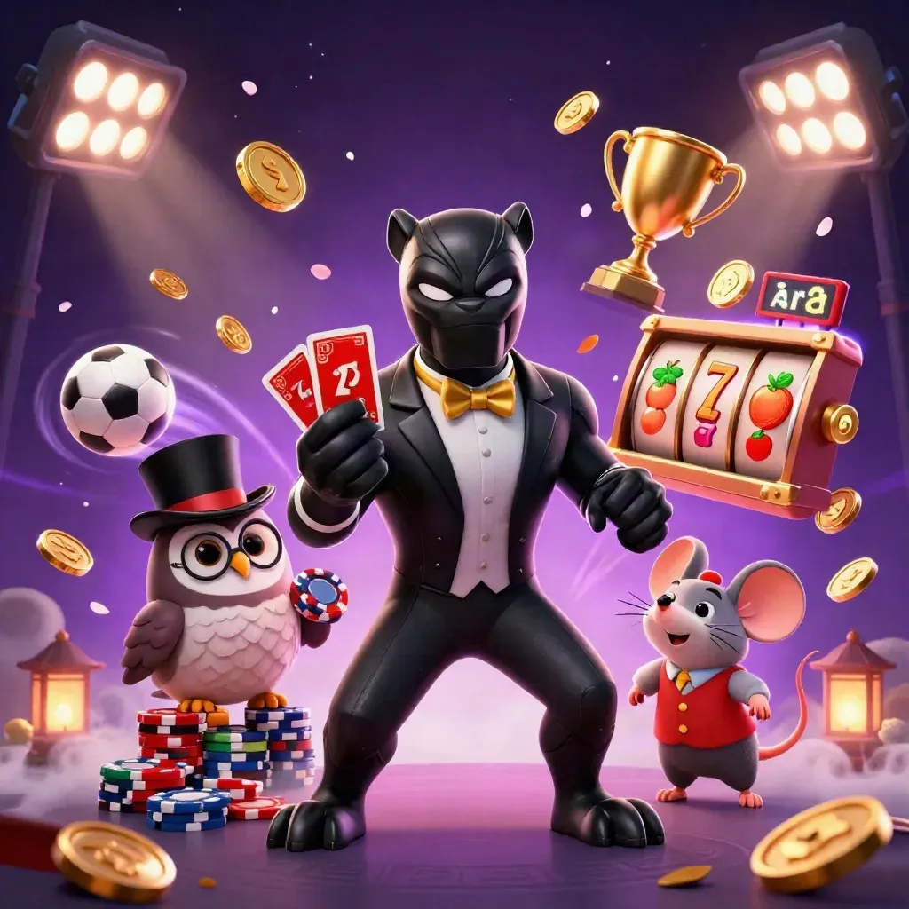 Panther, owl, and mouse casino heroes amid flying balls, coins, trophy, and neon magic.