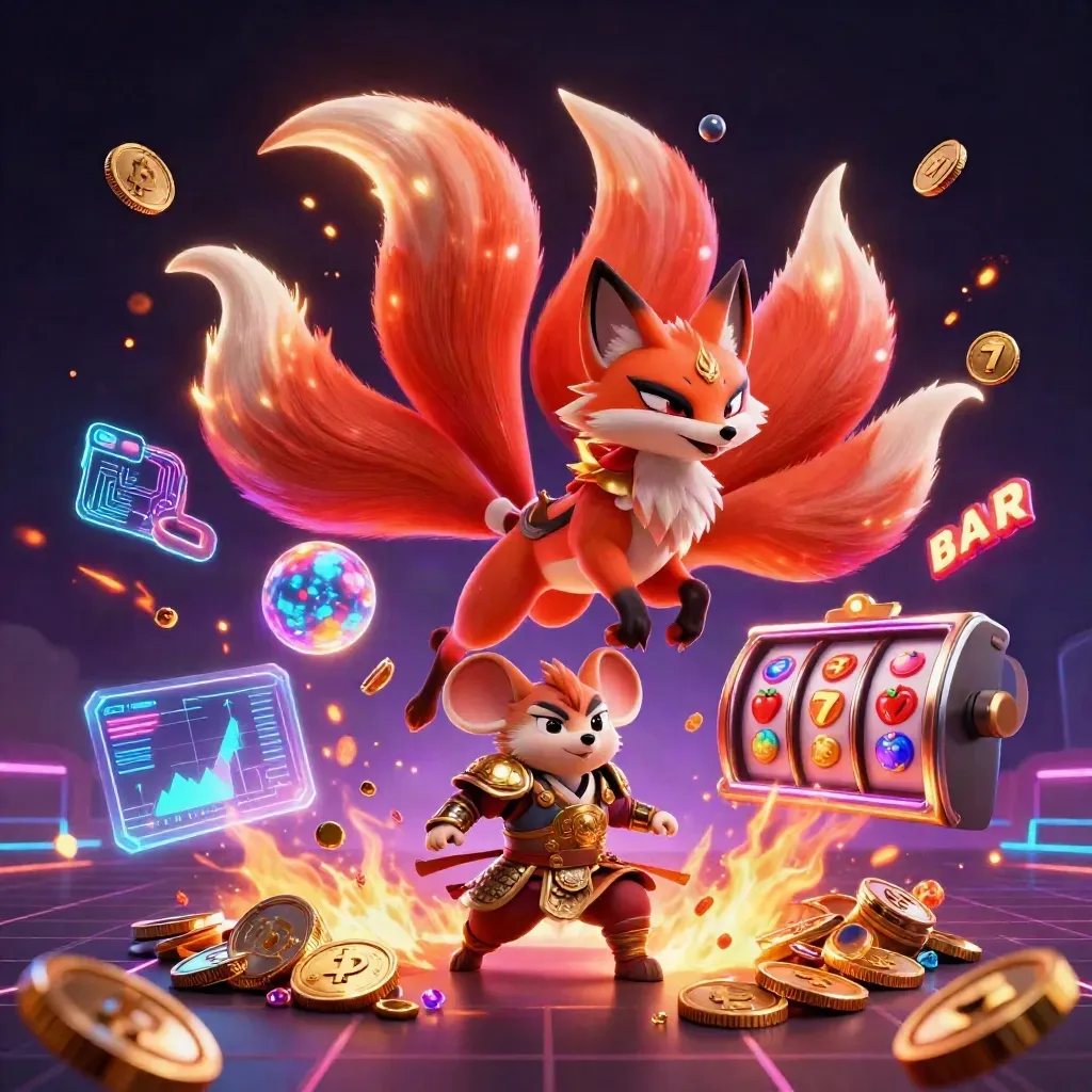 Fox spirit and armored mouse amid neon coins, lightning, treasure bursts, and casino effects.