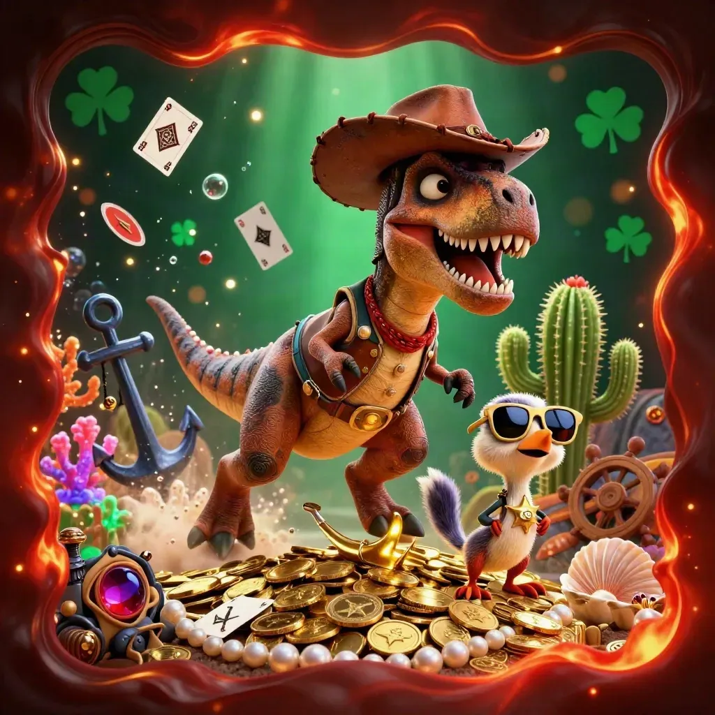 Cowboy T-Rex, cactus sidekick, and sheriff roadrunner burst from an underwater treasure cove.