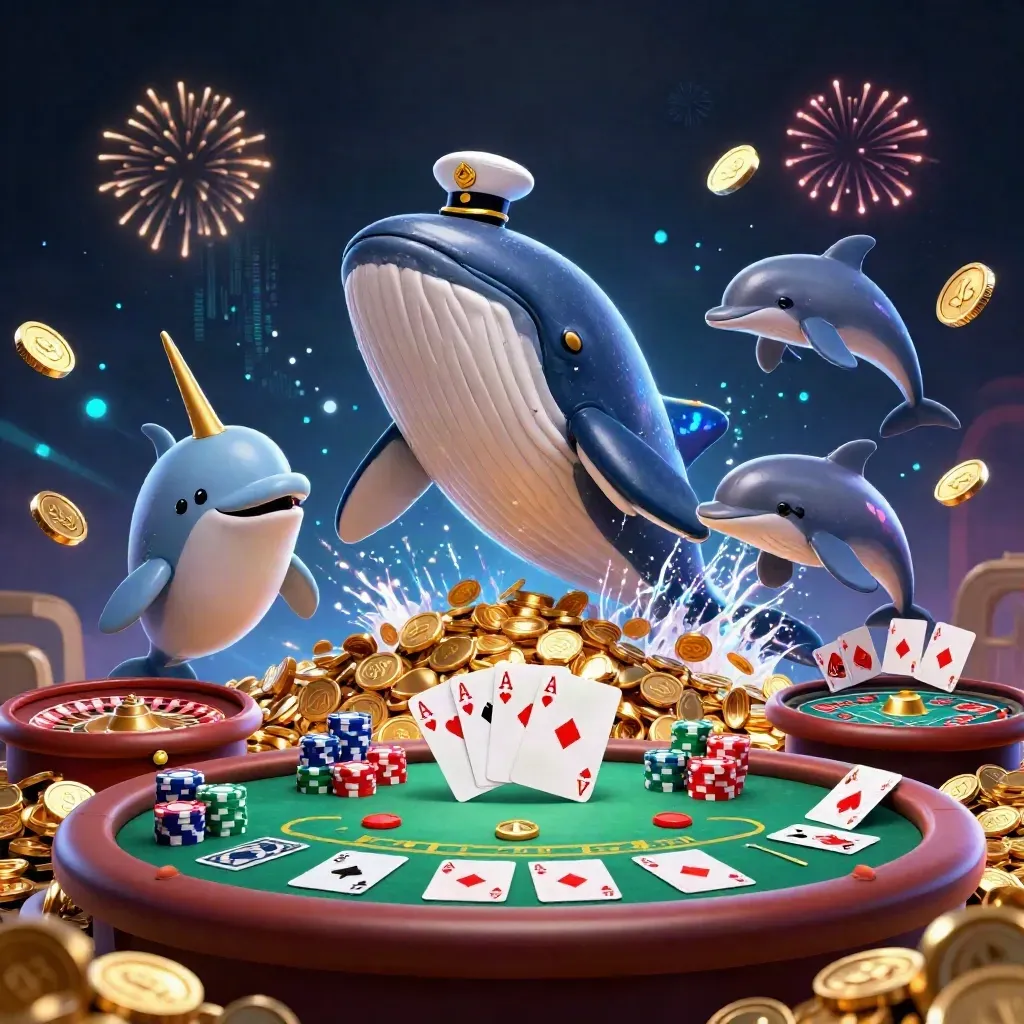 Whale captain, narwhal and dolphins burst through coins with casino tables, chips, aces and neon effects.