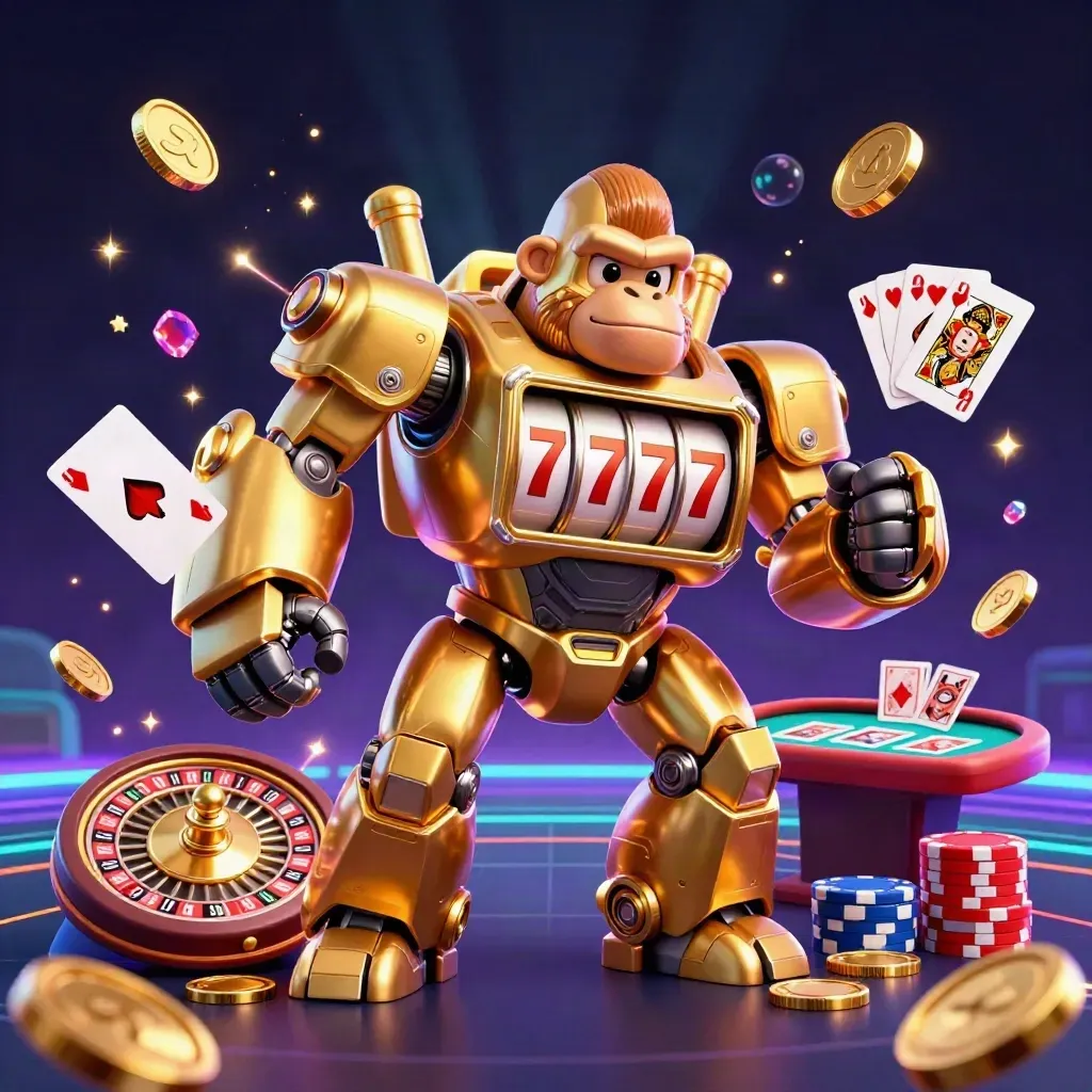 Golden gorilla mech with monkey pilot, coins, chips, roulette wheel, cards, and neon casino glow.