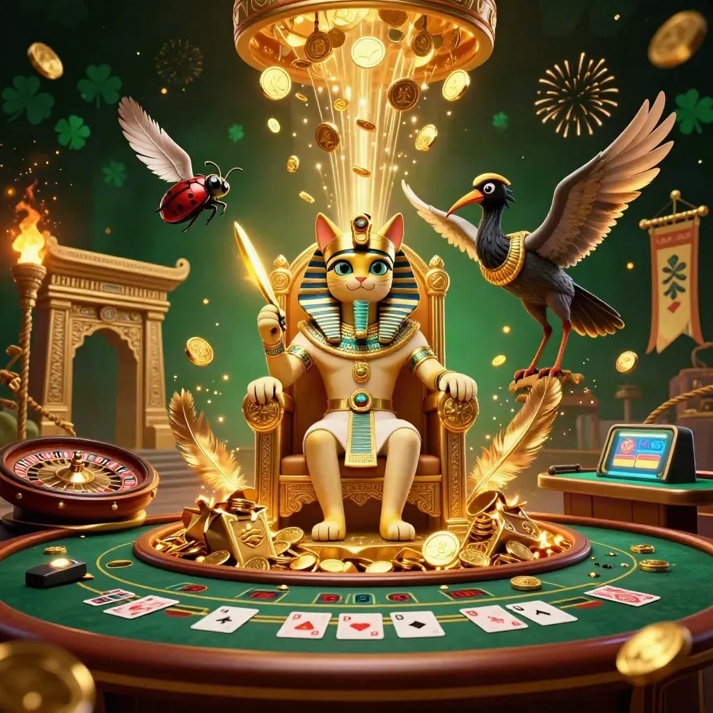 Pharaoh cat, ibis scribe, scarabs, coins, roulette wheel, and casino relics in a dark luxe burst.