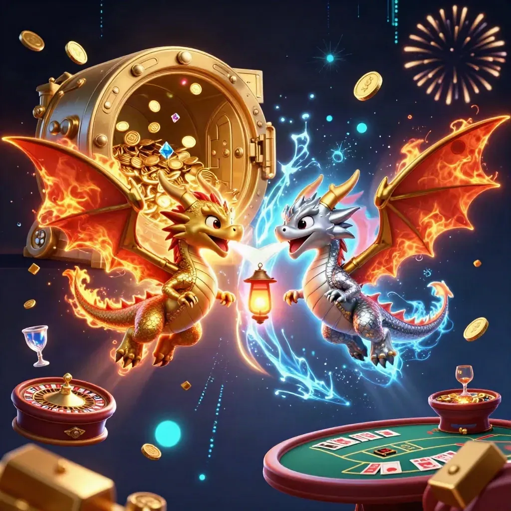 Twin gold and silver dragons burst from a vault with coins, gems, fireworks, and casino tables.