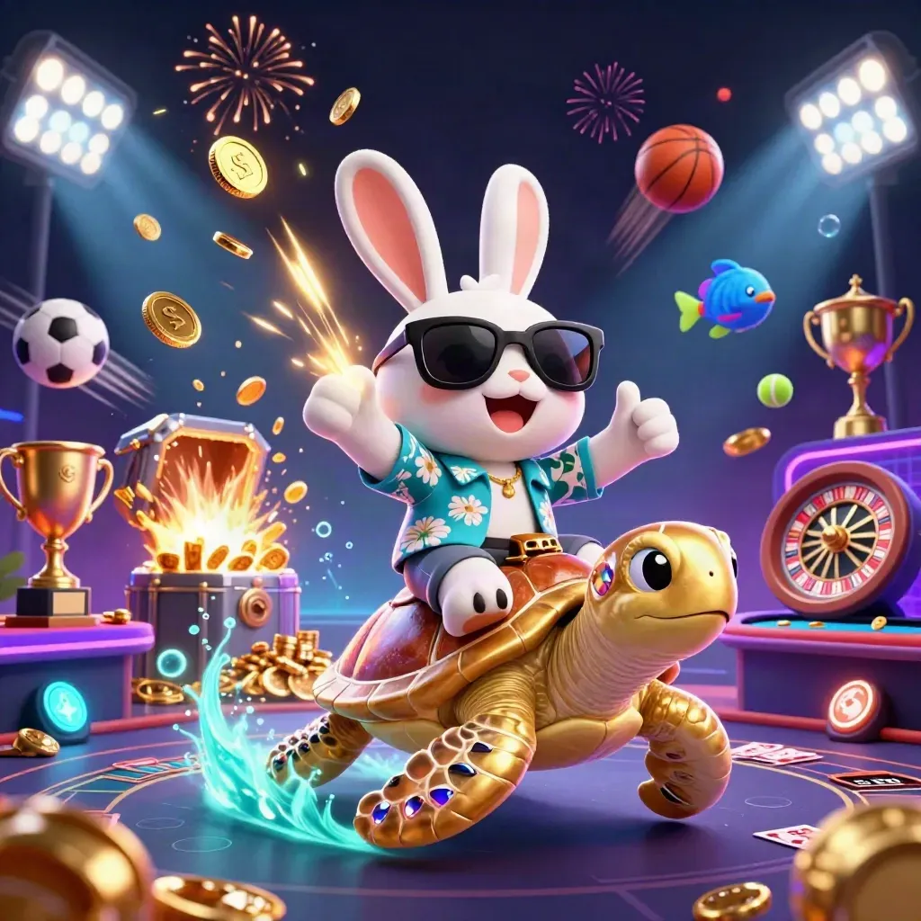 Lucky rabbit on a gold sea turtle amid coins, fireworks, sports balls, and casino icons.