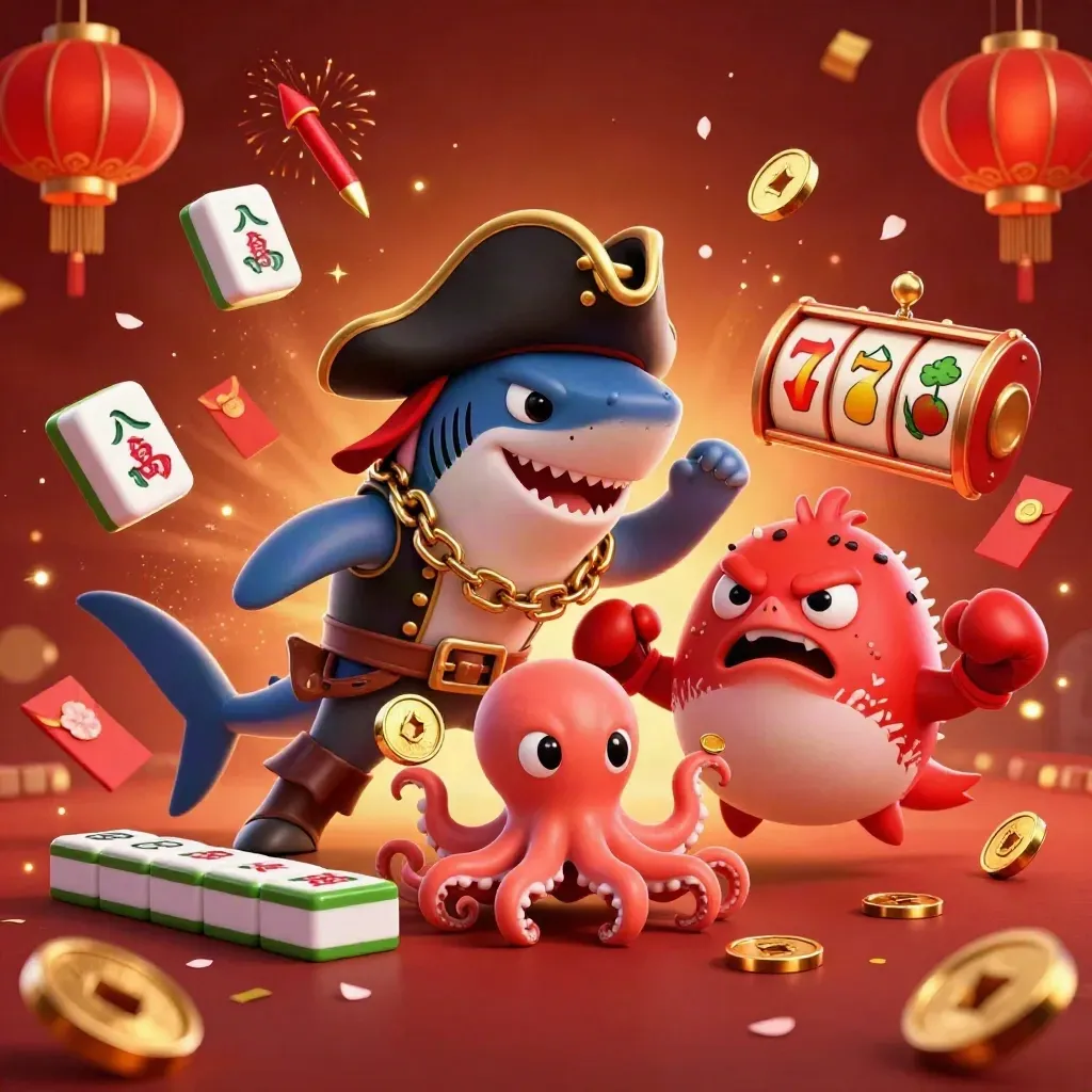 Pirate shark, boxing pufferfish, and coin-juggling octopus amid casino symbols