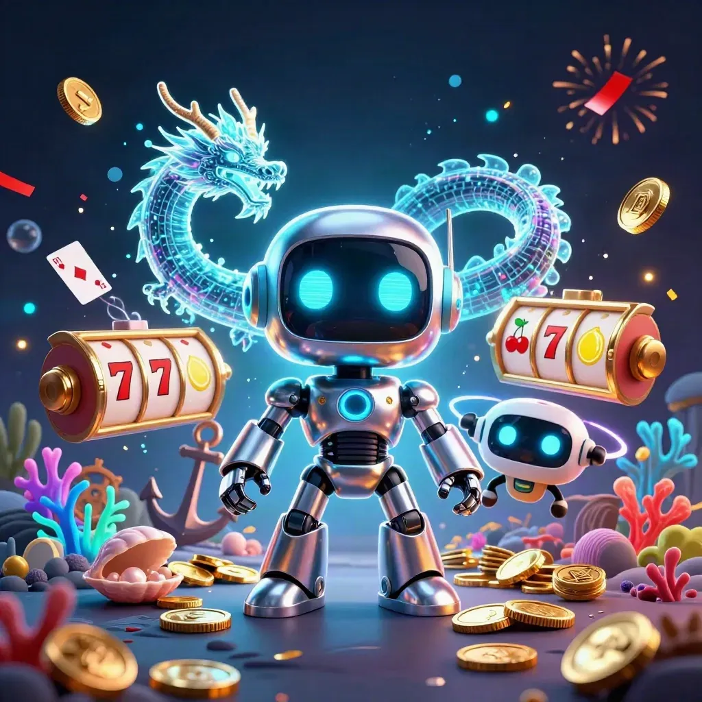 Chrome cyberpunk robot, holographic dragon, and coin drone amid treasure, cards, and neon casino effects.