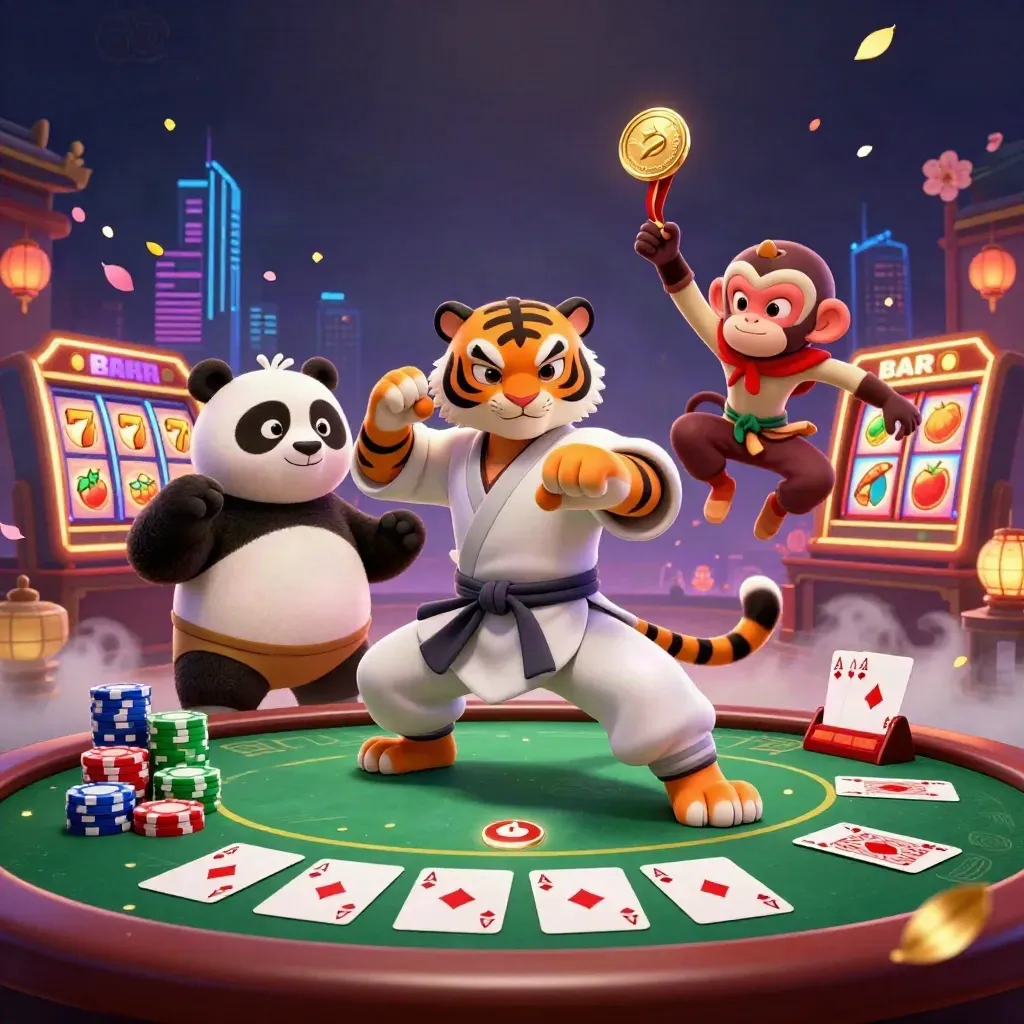 Tiger master, panda disciple, and monkey student around a glowing casino table in a dark neon scene.
