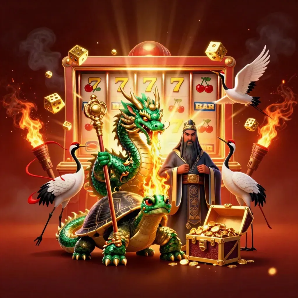 Emerald dragon, turtle sage, and cranes amid casino jackpot bursts and gold fire.