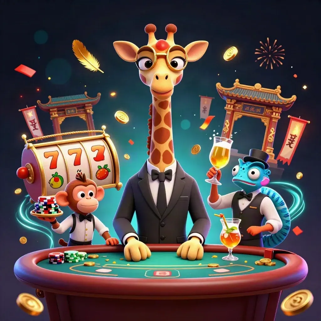 Giraffe, monkey valet, and chameleon bartender in a glowing casino fantasy scene.