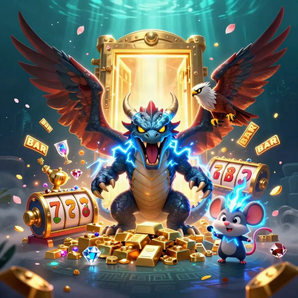 Thunder dragon, hawk, and crackling mouse amid a vault, gold, gems, and blue lightning.